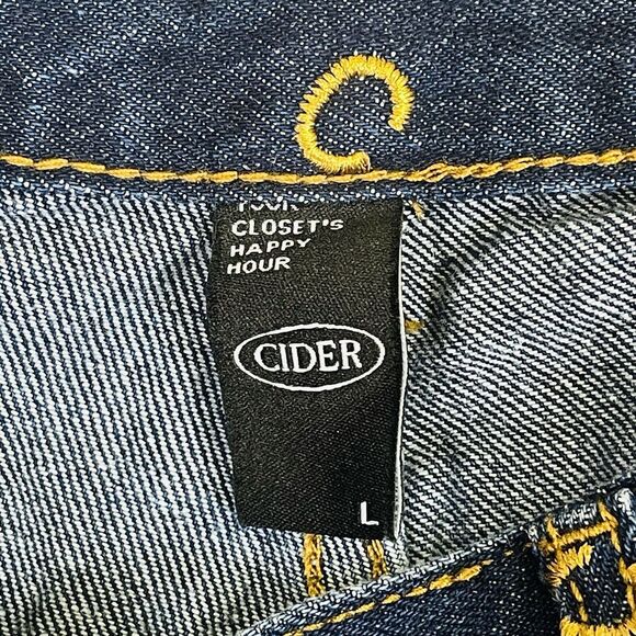Cider Dark Wash "C" Scatter Logo Wide Leg Flare Denim Jeans Womens Large - Picture 6 of 13